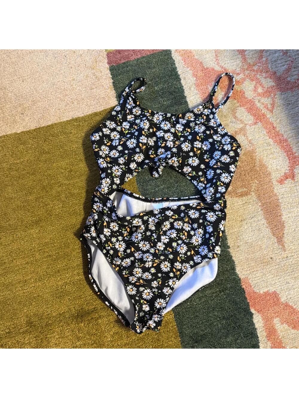 Girls Art Class Daisy Floral One Piece Swimsuit Size 8 Black Cutout Knot Front